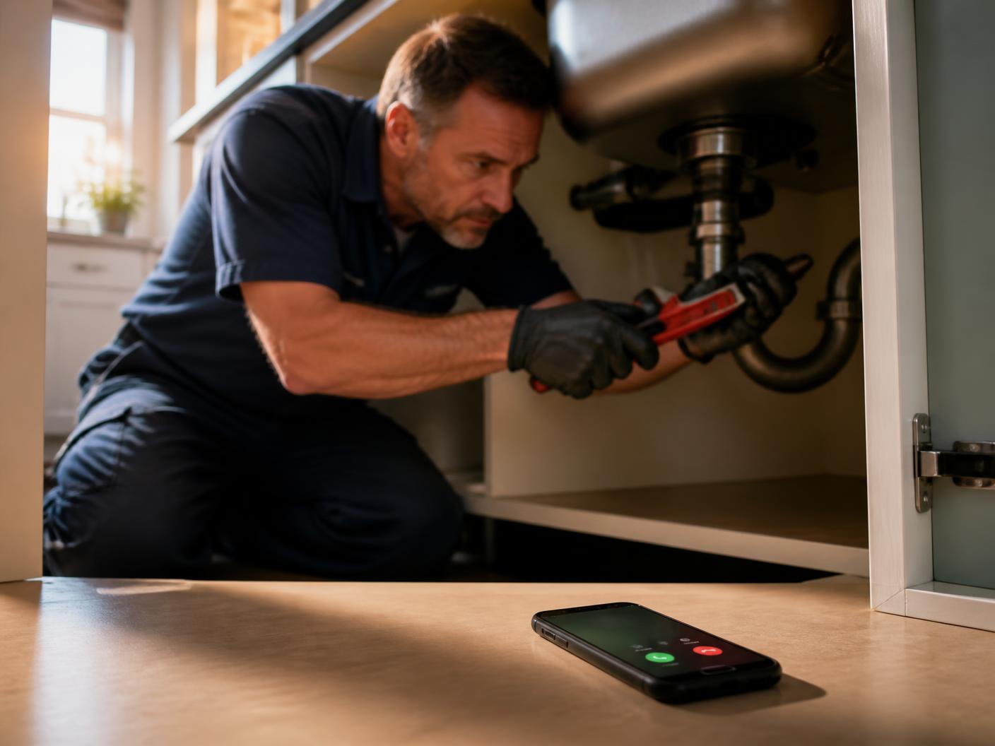 A plumber working under a kitchen sink with both hands on a wrench while his phone rings on the floor beside him